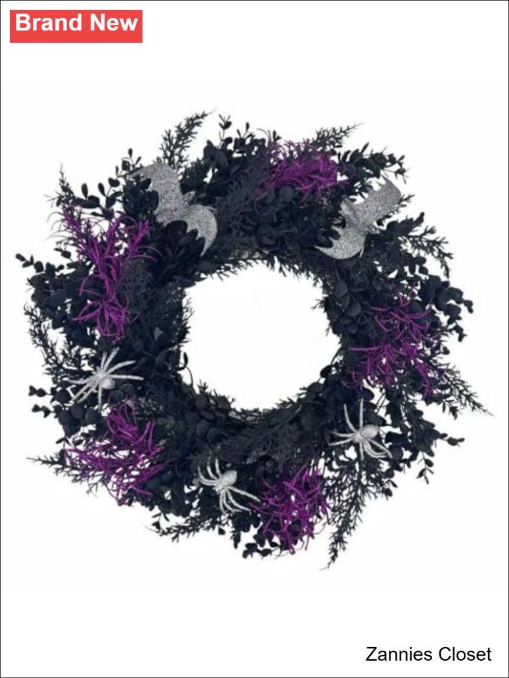 👻 20 Inch Halloween Wreath with Silver Spiders Bats Purple Plants Spooky Front